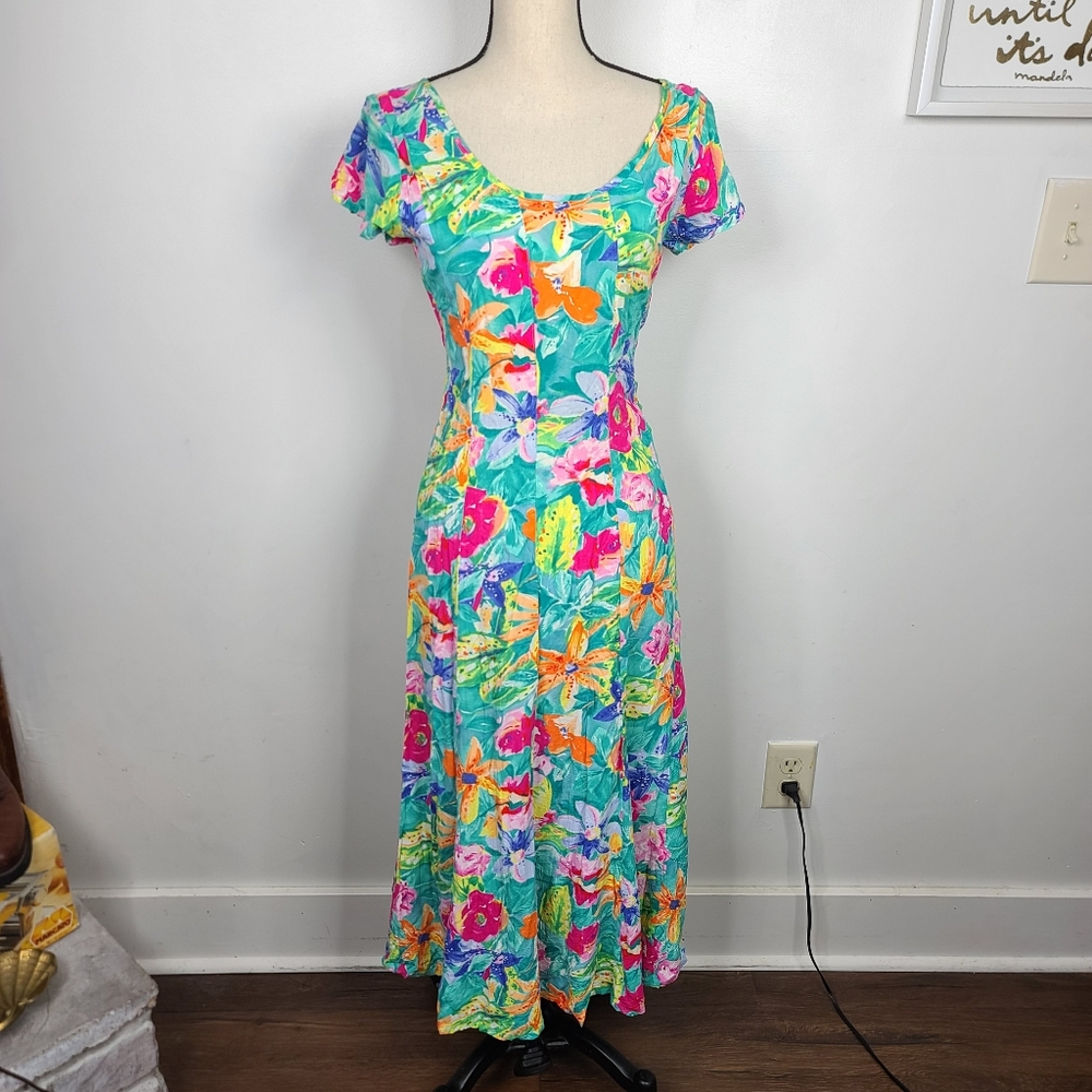 Vtg 80's/90's Jams World Bright Floral Tropical Print Back Tie Sash Midi Dress S - Picture 14 of 14